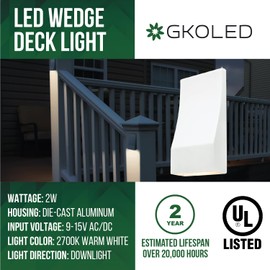 GKOLED Low Voltage LED Wedge Deck Rail Light, Landscape Railing Post Fence Accent Lighting, 12V AC/DC 2W 2700K Integrated LED Chips, Die-cast Aluminum, Powder Coated Finish, IP65 Rated, White, 6-Pack
