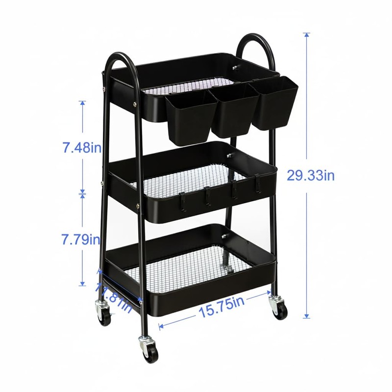 danpinera 3-Tier Rolling Cart, Utility Cart Mobile Metal Rolling Storage