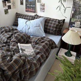 mixinni Vintage Brown & Blue Buffalo Plaid Duvet Cover Set Twin XL Size - 3 Piece Washed Cotton Bedding Set with Grid Pattern, Soft & Breathable Duvet Cover with Pillowcases for Boys, Men& Women