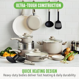 GreenLife 16 Piece Nonstick Cookware Set, Soft Grip Non-Toxic PFAS-Free Ceramic Pots & Pans, Dishwasher & Oven Safe, Frying, Sauce, Saute, Utensils, Glass Lids, Stay-Cool Handles, Wobble Free, Taupe
