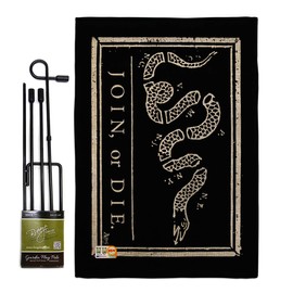 Americana Home & Garden GS140725-DB Black Join Or Die Burlap Historic Impressions Decorative Vertical 13" x 18.5" Double Sided Flag Set Metal Pole Hardware