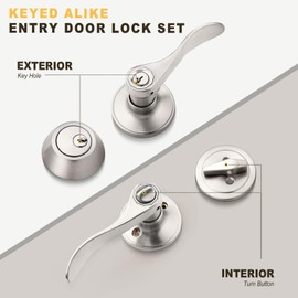Brotima 3 Pack Keyed Alike Door Lever Set with Single Cylinder Deadbolt, Door Lever with Deadbolt Reversible Wave Style Satin Nickel Lockset, Door Handle with Key and Lock for Bedroom, Front Door