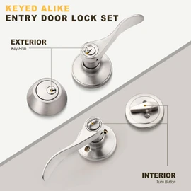 Brotima 3 Pack Keyed Alike Door Lever Set with Single Cylinder Deadbolt, Door Lever with Deadbolt Reversible Wave Style Satin Nickel Lockset, Door Handle with Key and Lock for Bedroom, Front Door