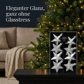 MIJOMA Christmas Decoration Hanging Decoration Stars Silver 6.5 cm Set of 8 - 2 Designs with Glitter Matt Shiny - Christmas Tree Pendant Plastic Shatterproof - Christmas Tree Decoration