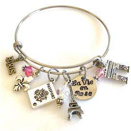 Paris Bangle Bracelet,"La Vie En Rose" Bangle, Paris Souvenir, Paris Charm Bracelet, Paris Trip, Paris Lover, Rose PInk Elements, Adjustable Silver Bangle.