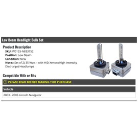 Marketplace Auto Parts Low Beam Headlight Bulb Set of 2-35 Watt - Compatible with 2003-2006 Lincoln Navigator