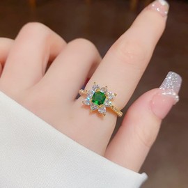 Tomovely Women's Gold Ring, Emerald Ring, Women's Diamond Ring 18K Yellow Gold Plated Silver Green Simulated Emerald Women Engagement Ring