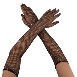 Rhinestone Long Fishnet Gloves, Black Polyester Sparkly Mesh Rave Gloves Fishnet Arm Sleeves for Women Evening Party Dress Costume Accessory Party Supplies