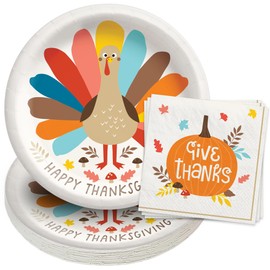 HOME & HOOPLA Happy Turkey Day Large Round Paper Dinner Plates and Give Thanks Lunch Napkins (20 Plates & Napkins)