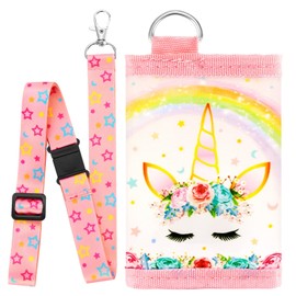 WAWSAM Kids Wallet for Kids Wallet with Lanyard Kids Purse Crossbody Purse Zipper Compact Trifold Coin Pocket Card Holder for Teens, Unicorn, Unicorn inspired
