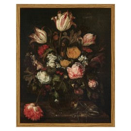 ARPEOTCY Vintage Framed Floral Wall Art Decor, Bathroom Dark Flower Bouquet Retro Wall Decor, Canvas Prints Art, Bedroom Roses and Tulips Paintings Farmhouse Moody Home Decoration, 8x10 Inch