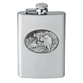 Heritage Pewter Mountain Goats Flask | 8 Ounce Liquor Flask Container - Stainless Steel | Intricately Crafted Metal Pewter Inlay