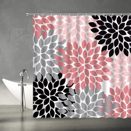 Dahlia Shower Curtain Pinnata Floral Black Gray Coral Pink Flower Pattern Fabric Bathroom Decor Set 70x70 Inches with Hooks