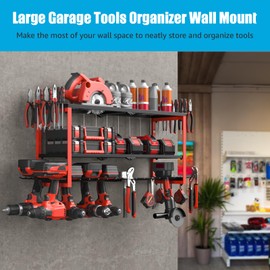 CCCEI Power Tool Organizer Wall Mount, Large 3 Layer Garage Storage Shelves and Organization, Heavy Duty Metal Drill, Battery, Tools Box Holder Rack, Gifts for Men, Red.