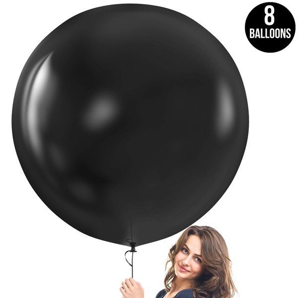 Prextex Black Giant Balloons - 8 Jumbo 36 Inch Black Balloons for Photo Shoot, Wedding, Baby Shower, Birthday Party and Event Decoration - Strong Latex Big Round Balloons - Helium Quality