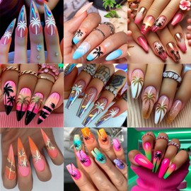 ONPRESS 4 Sheet Coconut Tree Nail Art Stickers Summer Seagull Design Nails Decals 3D Moon Nails Sticker Supplies Self Adhesive Tropical Style Plant Nail Decals for Women DIY Acrylic Nails Accessories