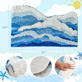 SiliPacks Blue Cute Coastal Beach Themed Bath MatsOcean Wave Tufted Bathroom Rugs, Cute Coastal Beach Themed Bath Mats, Non-Slip Washable Bath Rugs for Bathroom Bedroom Kitchen Decor(20" x31.5")