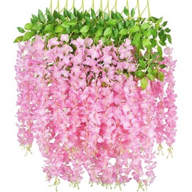 Tifuly 12 Pcs Artificial Wisteria Vines, 3.6 FT Fake Wisterias with 3 Branches, Long Wall Garland Silk Hanging Flower for Home Party Wedding Ceiling Decoration(12Pcs,Pink)