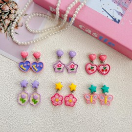 EleMirsa 6 Pairs Kids Clip On Earrings for Girls Jewelry Earrings Princess Game Dress Up Pretend Play Earrings for Little Girls Earrings Set Gift Box