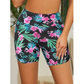 SHEKINI Women Swim Shorts High Waisted Side Split Swimming Shorts Beach Board Short with Pockets Swim Bottom with Liner Black-Flower