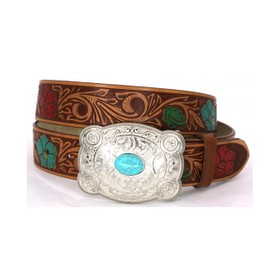 West Star Western Leather Belt Floral Tooling & Silver Floral Buckle Lady 32''- 818 BR Flower M