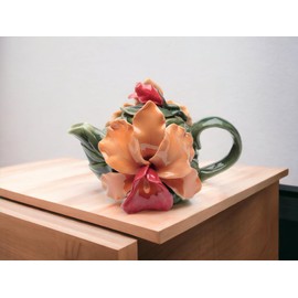 Fine Porcelain Orange & Red Color Orchid Flower Teapot, 6-1/4" L