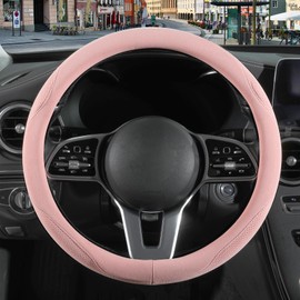 Binsheo 14 inch Pink Suede Steering Wheel Cover, Breathable Non-Slip Sweat-Proof Wear-Resistant No Pilling, Warm in Winter and Cool in Summer
