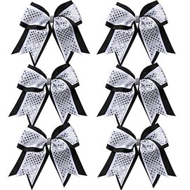 Cheerleader Bows 8 Inch 3 Layers 6 Pcs Ponytail Holder Jumbo Cheerleading Bows Hair Elastic Hair Tie for High School College (Black/White/Silver)