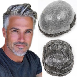 HAPPY&CC Tupé para hombre, peluquín de piel fina de PU, sistema de reemplazo de cabello humano virgen europeo, prótesis capilar masculina con 50% de cabello sintético gris, 25 x 20 cm