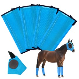 GRETMIX Horse Fly Boots & Horse Fly Mask Set of 5, Mesh Ventilated Fly Boots for Horses, Adjustable and Universal Fit for 4 Legs, Comfort Fly Masks for Horses, Stomp-Reducing (Blue)