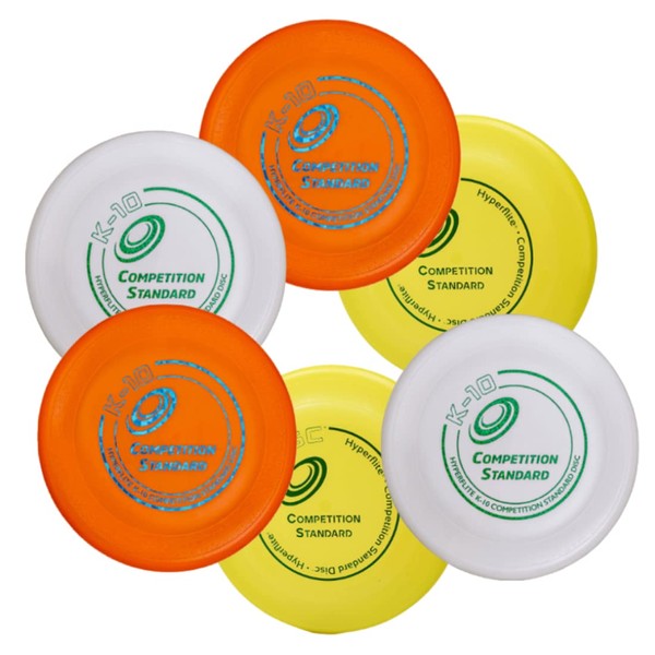 Hyperflite K-10 Competition Standard Dog Disc (6 Pack) - Assorted Floating Frisbee for Dogs - Large Canine Plastic Discs for Ultra-Long Flights - Flying Disc Toy for Secure Gripping - 8.75”