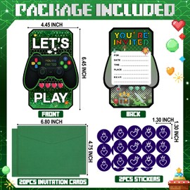 TSVATE 20PCS Video Game Birthday birthday invitations, Video Gamer party invitations, Green birthday invitations for boys, Kids, Teens - Envelope, stickers, Double-Sided Video Game Themed Invite Cards