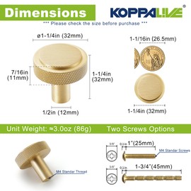 KOPPALIVE 5-Pack Solid Brass Cabinet Knobs, Gold Knurled Dresser Drawer Knobs, Round Modern Kitchen Cabinet Pulls and Knobs, Brushed Finish, Diameter 1-1/4 Inches