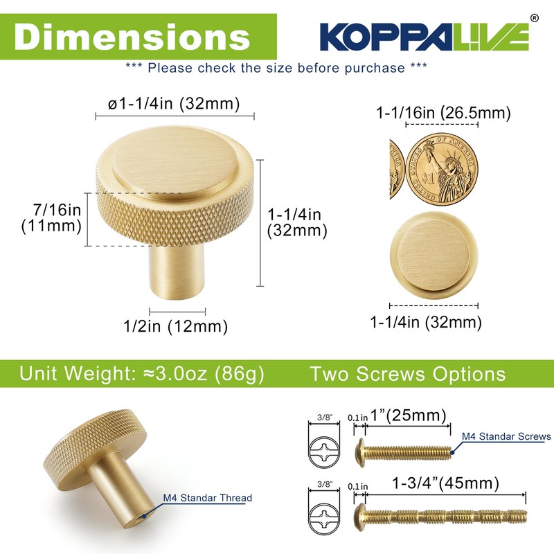 KOPPALIVE 5-Pack Solid Brass Cabinet Knobs, Gold Knurled Dresser Drawer