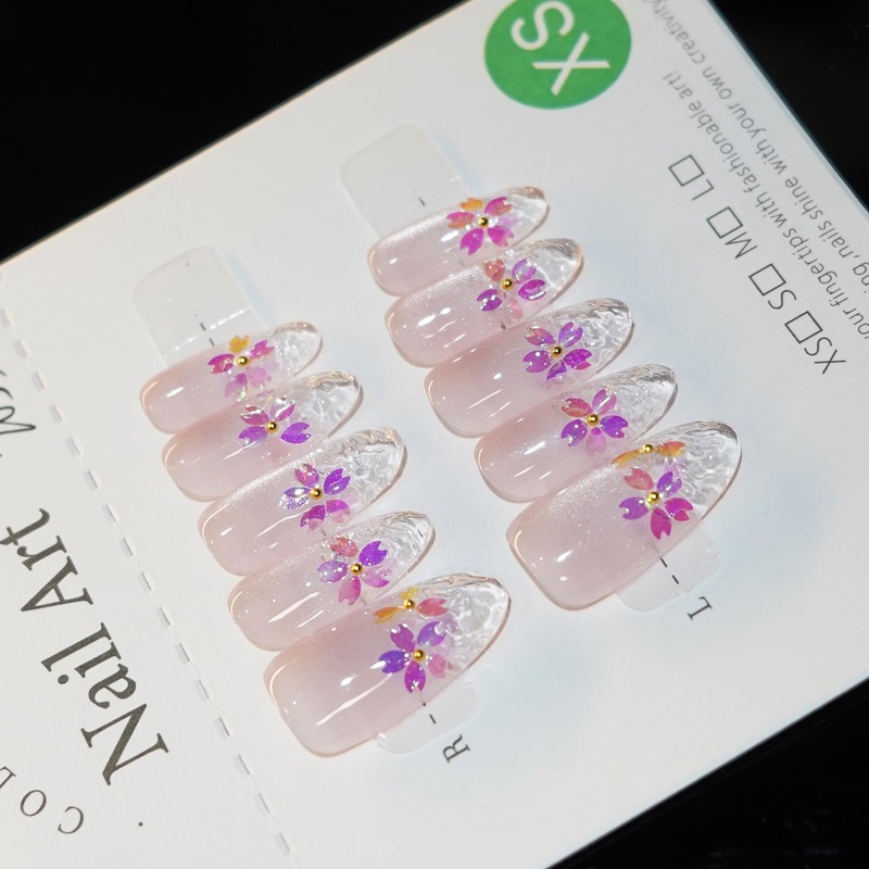 10 Pieces Handmade Nail Tips Cherry Blossom Pink Japanese Pattern