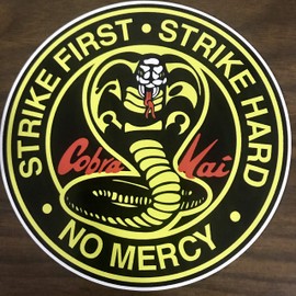 Vinyl Sticker Die Cut Cobra Strike First Strike Hard No Mercy Karate Kai Movie Decal for Car Bumpers Windows Laptops Water Bottle White approx. 4'' X 3.5''
