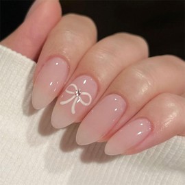 24Pcs Short False Nails with White Bow - French Tip Press on Nails - Fake with Glue 12 Sizes Almond Stick on Elegant Design for Women and Girls Art