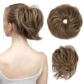 SARLA Messy Hair Bun Hair Pieces Curly Synthetic Updo Fake Scrunchies Ponytail Extension for Women Brunette/Ash Blonde Highlight 1PCS