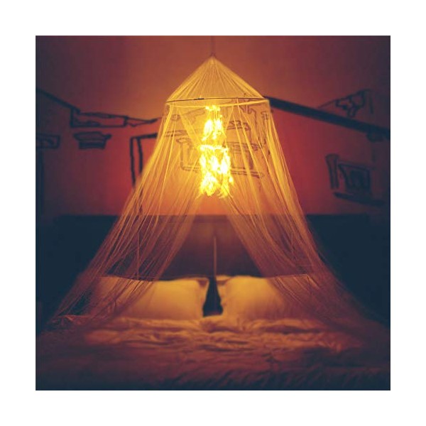 Bed Canopy with Double Circle White Feather Dream Catcher and 50 LED Fairy String Lights, Mosquito Net - Unique Style Dome Bed Netting Canopy Curtains Canopy - Suggested for Twin Full Queen King Bed