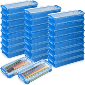 Gueevin 24 Pcs Large Capacity Plastic Pencil Box Clear Plastic Pencil Case Crayon Box with Snap Tight Lid Watercolor Pen Storage Brush Pencil Box Organizer Drawing Tools Container (Cute Blue)