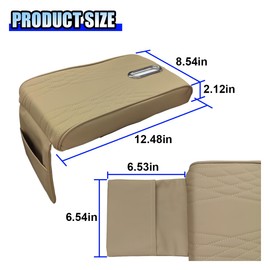 Leather Car Center Console Cover, Memory Cotton Car Armrest Cushion with Tissue Holder and Pocket, Waterproof Elbow Rest Box Cover, Auto Center Console Organizer Protector Accessories (Beige)