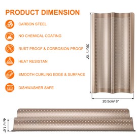 uxcell Perforated French Bread Baking Pan, 15" x 8" Toast Molds Tray, 2 Wave Loaves Baking Tray for Baking Loaf Bread (Gold Tone)