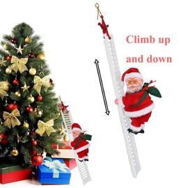 Electric Climbing Ladder Santa Claus on Rope Musical Climbing Santa Claus on Beads Chain Musical Moving Figure Plush Christmas Figurine Ornament Music Xmas Tree Hanging Ornament Holiday Party Supplies