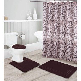 Bathroom Collection Coffee/Brown 16pc Bathroom Accessory Set - Non-Slip Bath Mat, Non-Slip Contour Mat, Toilet Lid Cover and Waterproof Shower Curtain with Rustproof Metal Roller Hooks