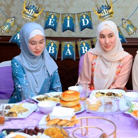 Eid Mubarak Banner Decorations,Lantern Moon Castle Signs Eid Decorations for Home Outdoor Eid Banner Blue Gold Ramadan Party Decorations Supplies