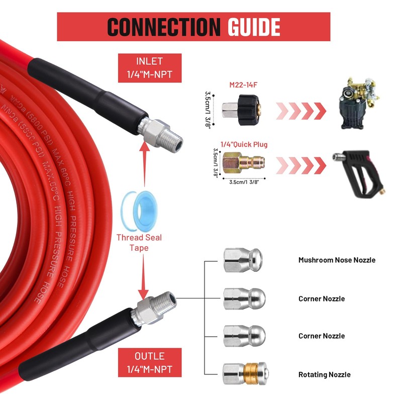 100FT Sewer Jetter Kit for Pressure Washer,1/4 Inch NPT Corner