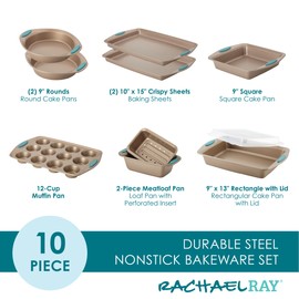 Rachael Ray 47578 Cucina Nonstick Bakeware Set with Grips Includes Nonstick Bread Pan, Baking Sheet, Cookie Sheet, Baking Pans, Cake Pan and Muffin Pan - 10 Piece, Latte Brown with Agave Blue Grips
