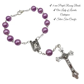 One Decade Auto Rosary for Rearview Mirror Purple Pearl Glass Beads Catholic Bracelet Our Lady of Lourdes Centerpiece Religious Gift Car Truck Travel Protection