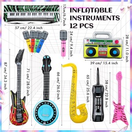 20Pcs Inflatable Instruments Party Props with Funny Sunglasses Set, Inflatable Rock Star Toy Guitar Saxophone Bass Microphones Recorder Piano Photo Booth, 80s 90s Rock N Roll Music Party Decorations