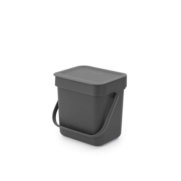 Brabantia Sort & Go Food Trash Can (0.8 Gal / Gray) Small Countertop Kitchen Compost Caddy with Handle & Removable Lid, Easy Clean